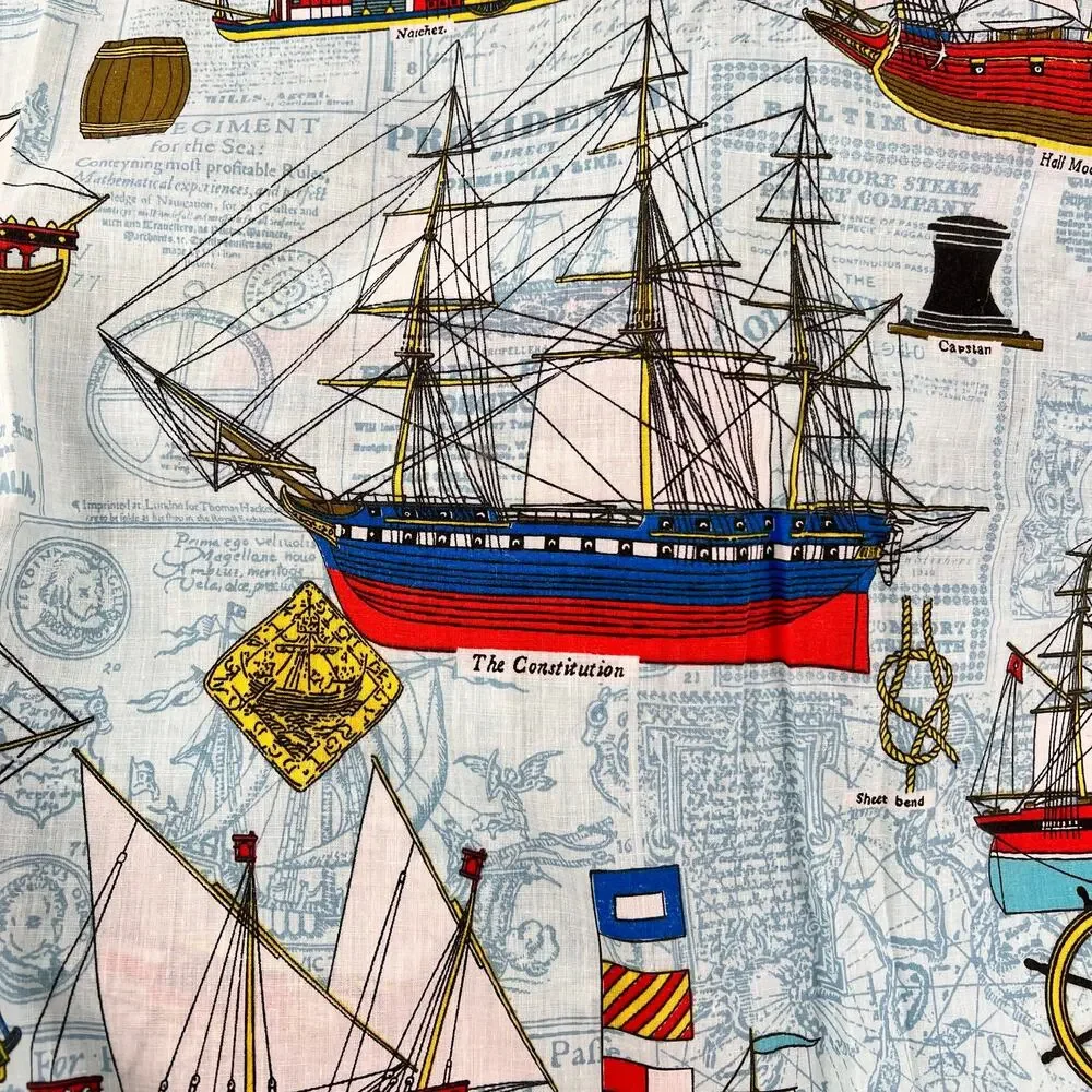 70s Vintage Historical Ship Print Curtains 1970s from House N Home Fabric